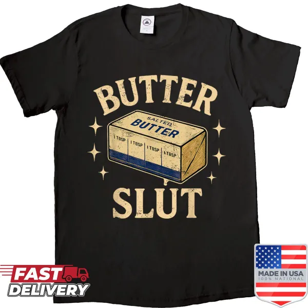 Retro design featuring the phrase 'Butter Slut' with playful graphics