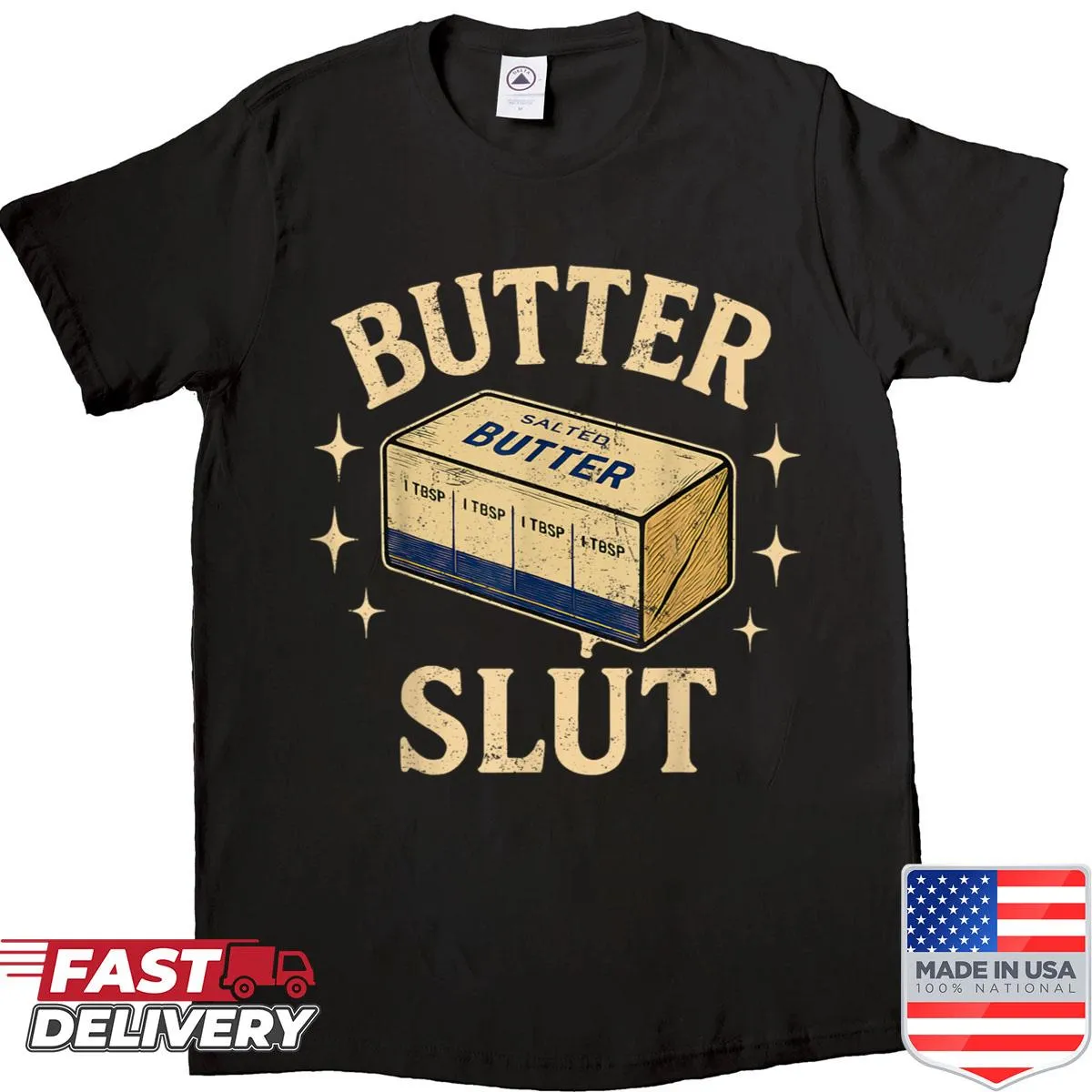 Retro design featuring the phrase 'Butter Slut' with playful graphics
