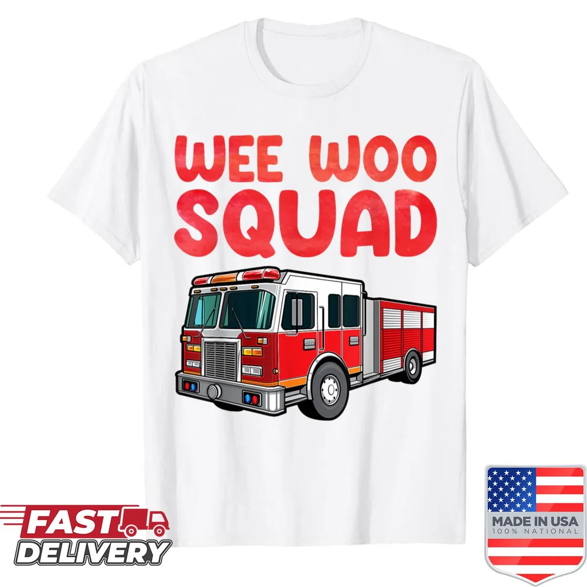 Whimsical firefighter graphic shirt with playful illustrations.