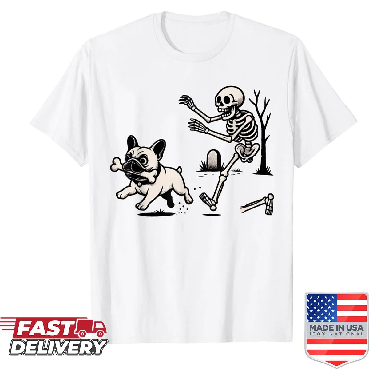 Cartoon graphic of a French bulldog skeleton for Halloween.
