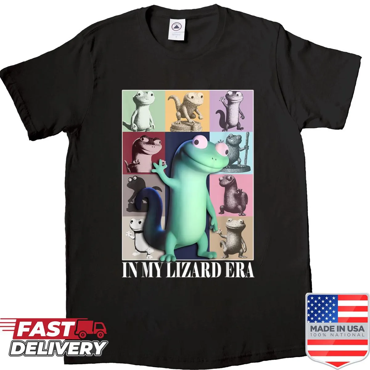 Funny meme shirt with lizard graphic and playful text