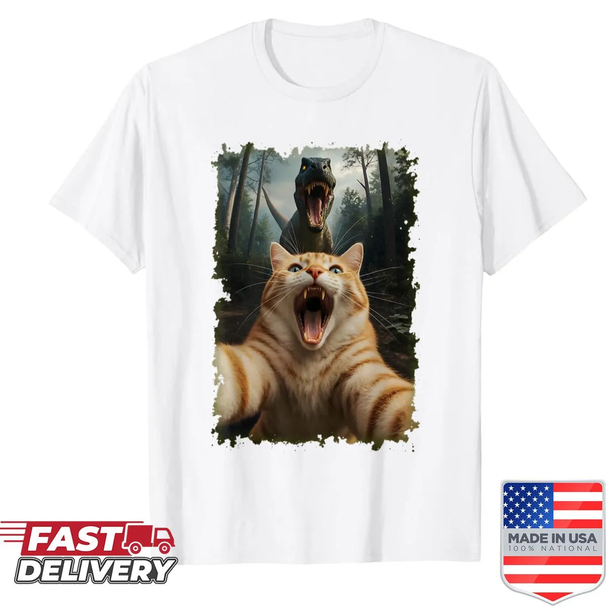 Cartoon graphic of an orange cat and T-rex taking a selfie on a T-shirt