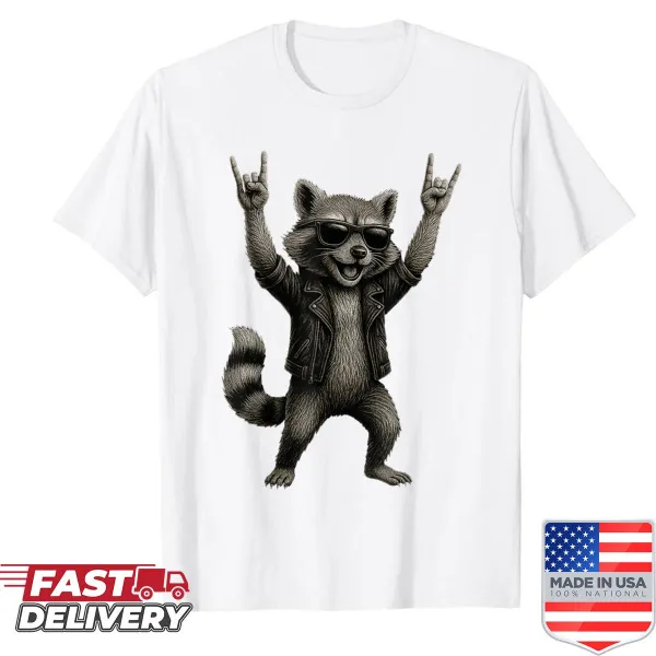 Funny shirt featuring a cartoon raccoon playing guitar.