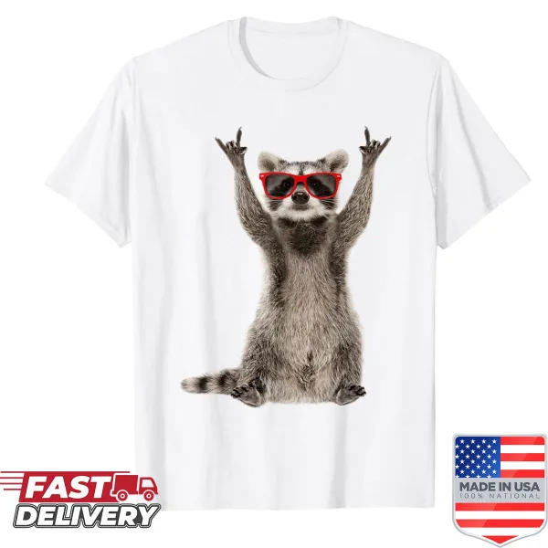 Illustration of raccoon making a rock hand sign on a shirt