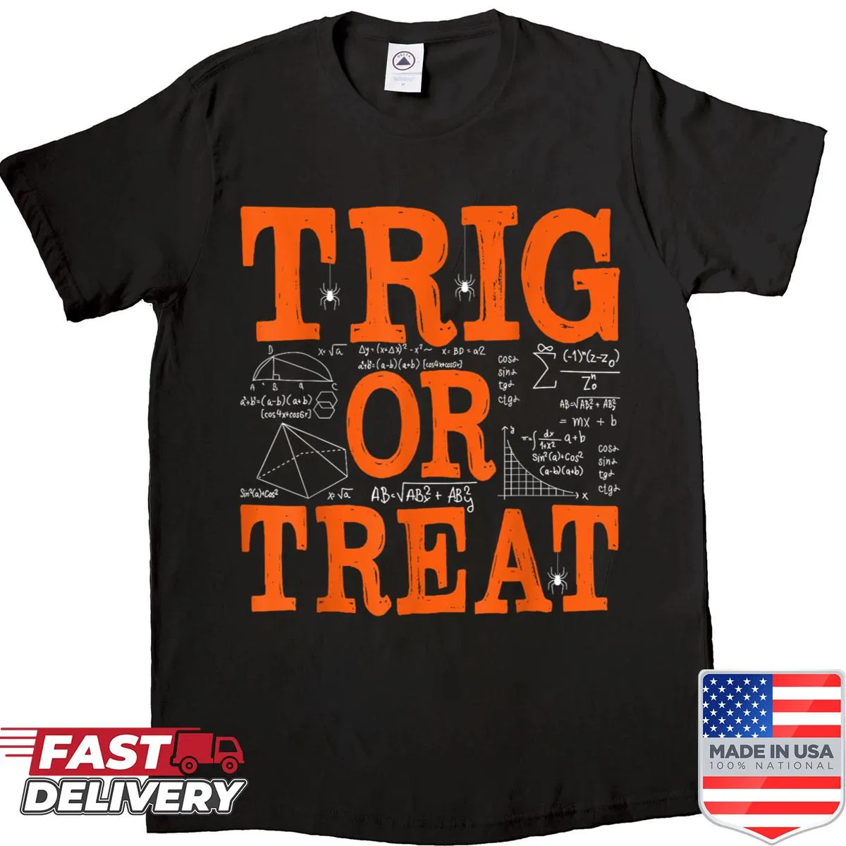 Halloween shirt for math teachers featuring 'Trig Or Treat' in playful typography