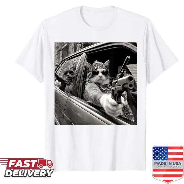 Vintage gangster cat meme graphic shirt.