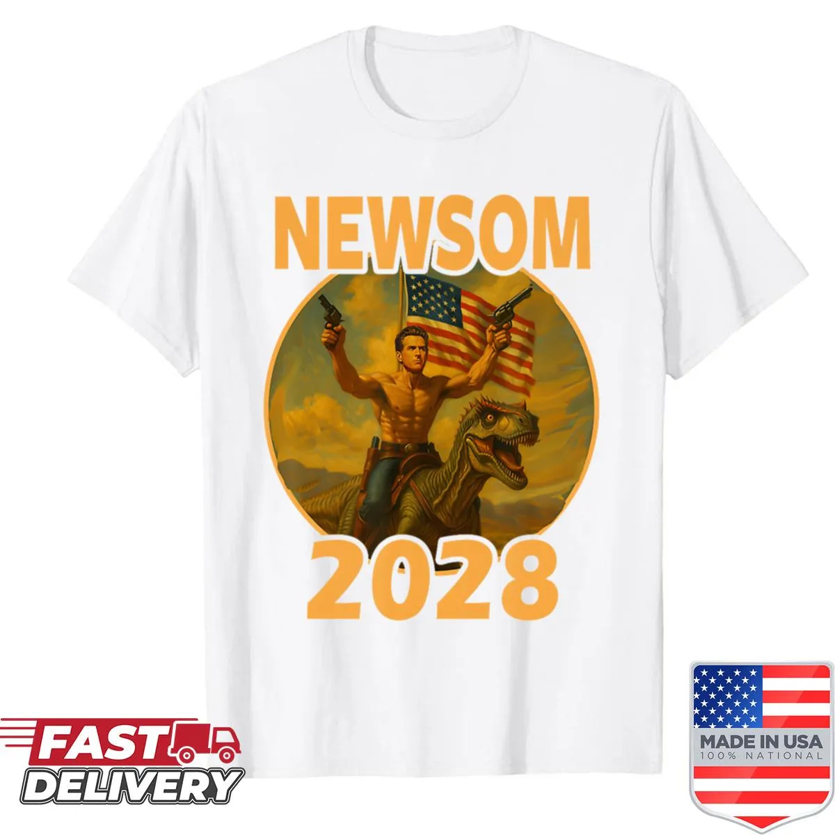T-shirt featuring Gavin Newsom riding a dinosaur
