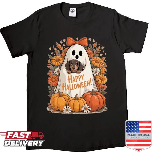 Vintage Halloween shirt featuring a ghost and dachshund