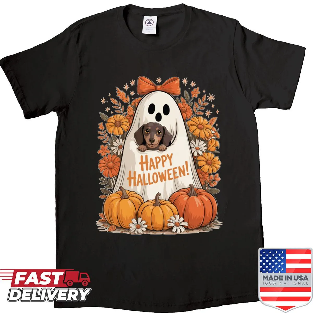 Vintage Halloween shirt featuring a ghost and dachshund