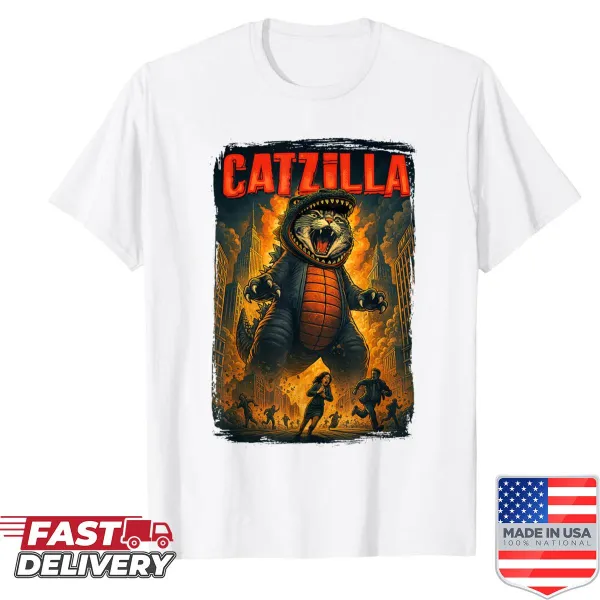 Funny kitten cat Catzilla design on T-shirt