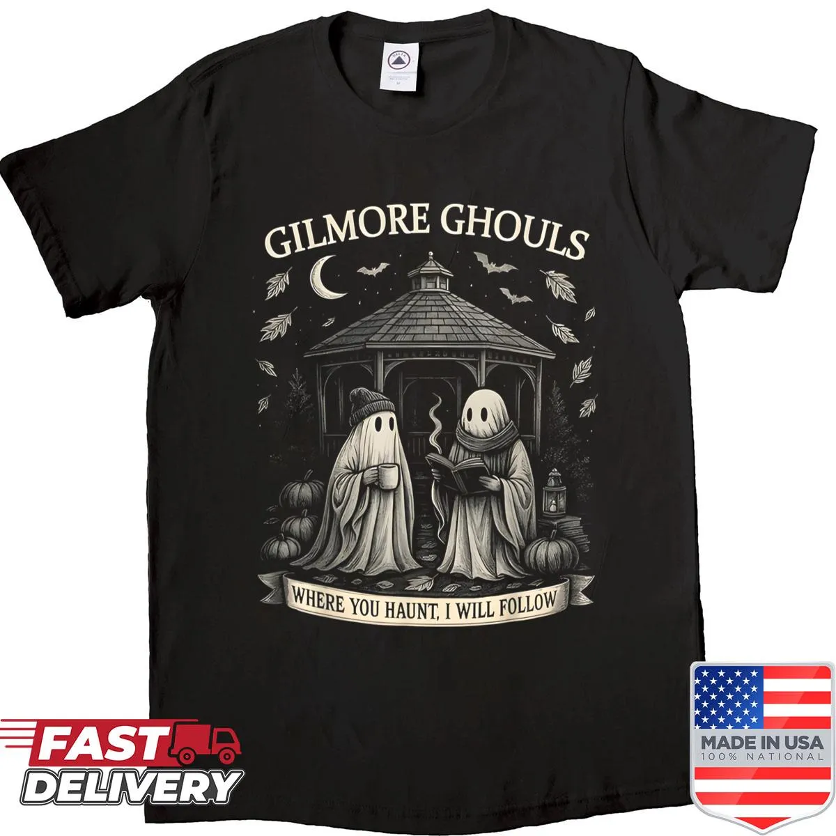 Ghost-themed t-shirt with a playful Halloween phrase and typography
