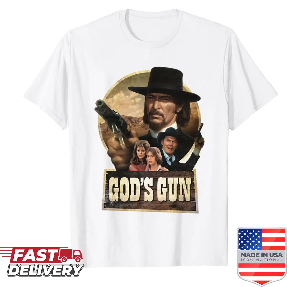 Bold graphic with the phrase God's Gun 1976 on a T-shirt