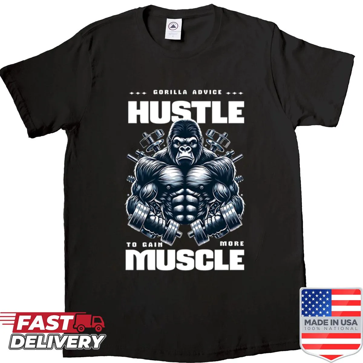 Motivational gorilla graphic with fitness message on shirt