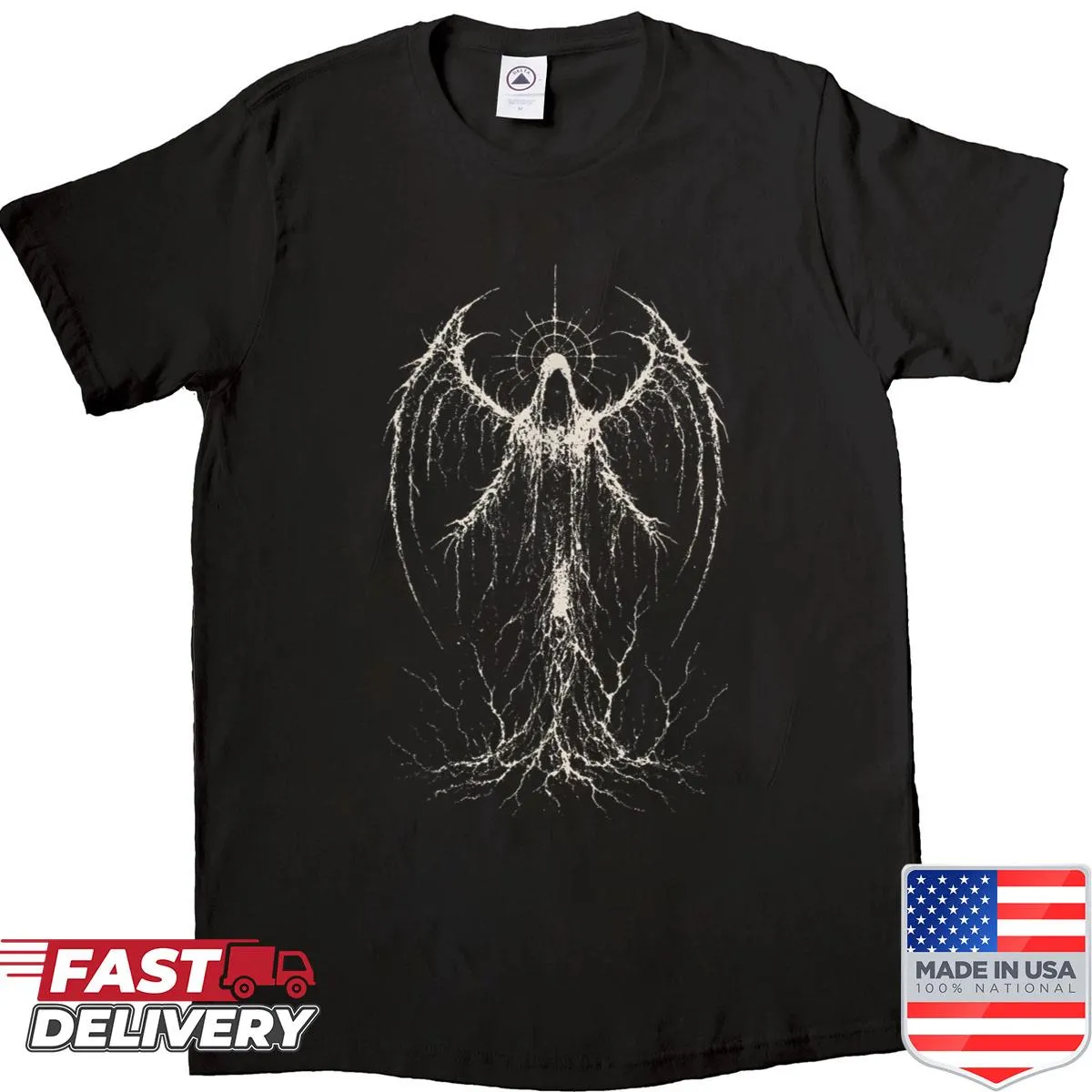 Goth angel graphic with fallen wings on horror-themed T-shirt