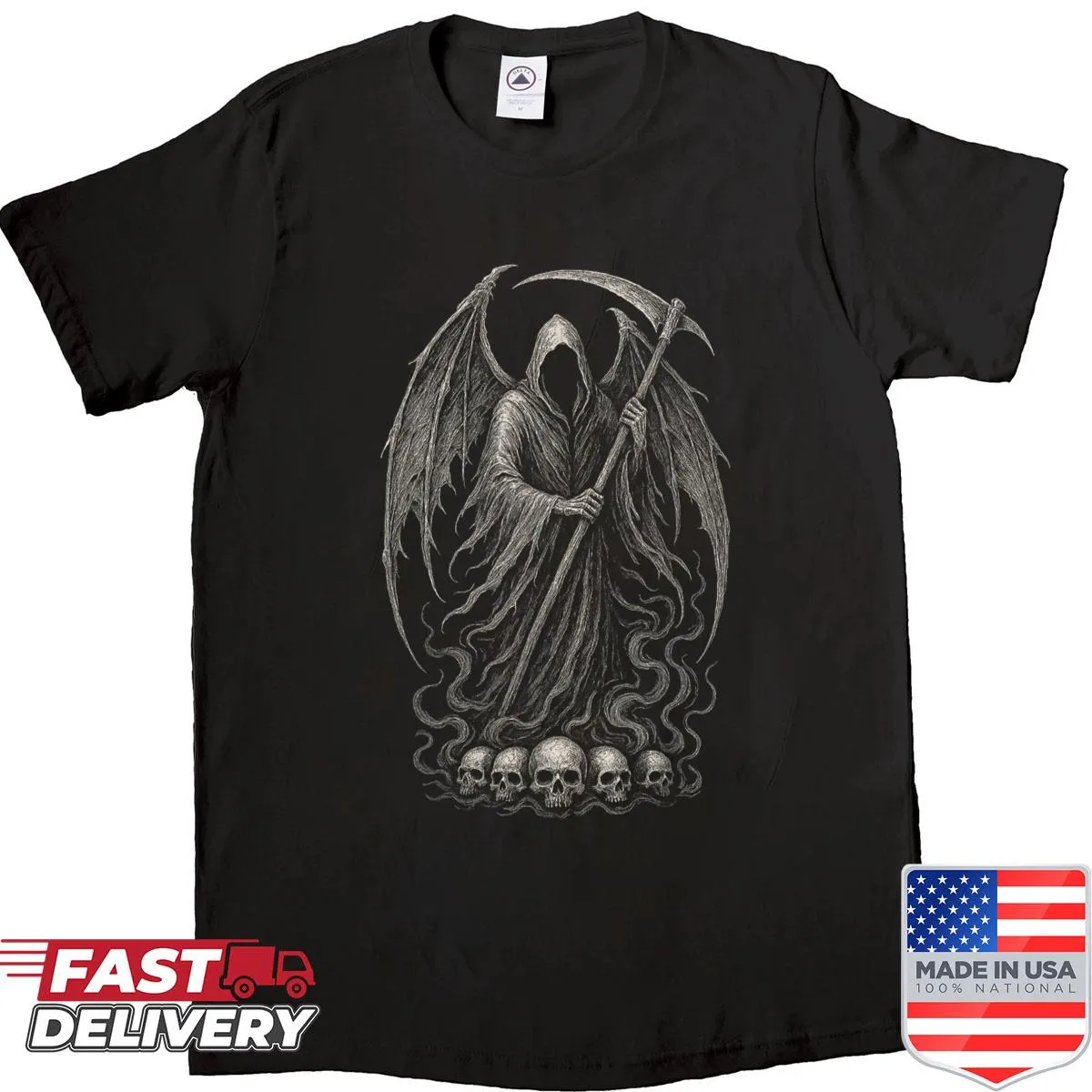 Gothic Grim Reaper skeleton graphic on a shirt
