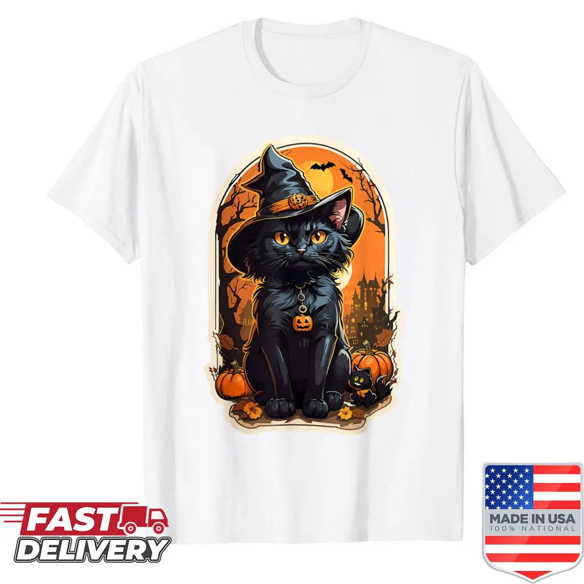 Vintage Halloween t-shirt featuring a cat and pumpkin design