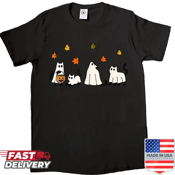 Cute Halloween shirt featuring black cats and ghosts