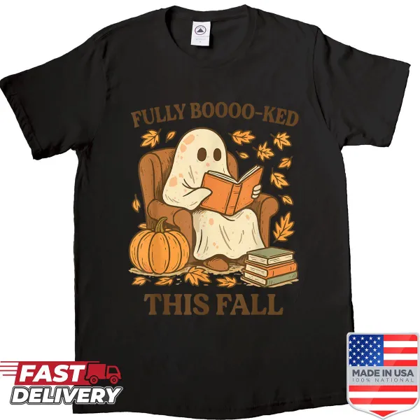 Ghost reading graphic on a Halloween-themed shirt