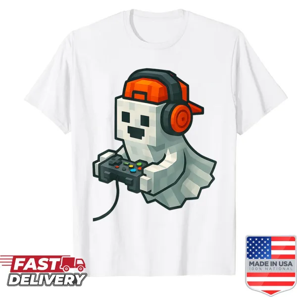 Funny cartoon ghost gamer shirt for Halloween with pixel graphics