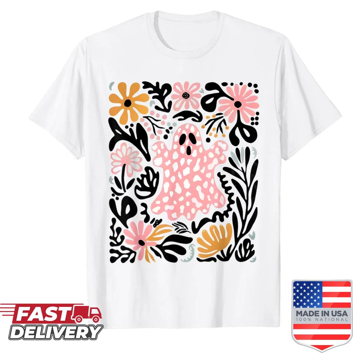 Retro floral Halloween shirt with playful ghost graphics