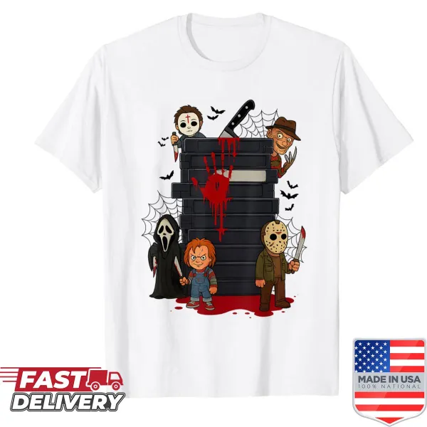 Funny Halloween shirt with classic horror movie characters.