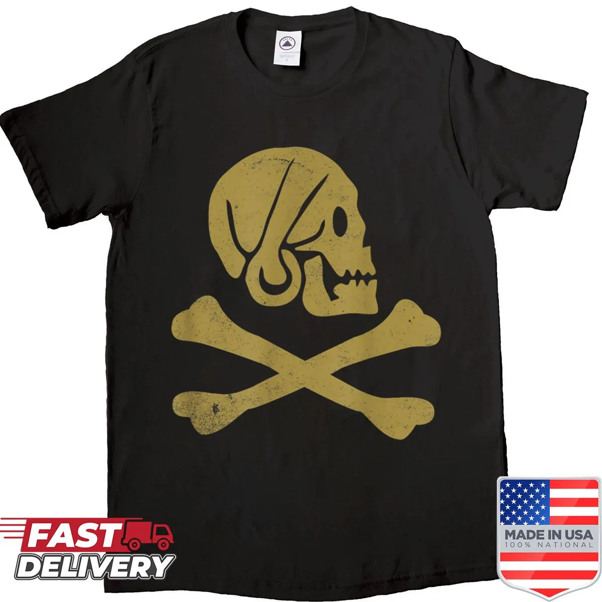 Pirate skull and crossbones graphic T-shirt for Halloween.