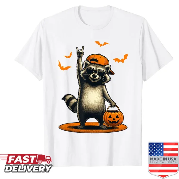 Funny Halloween T-shirt with a cartoon raccoon and music theme