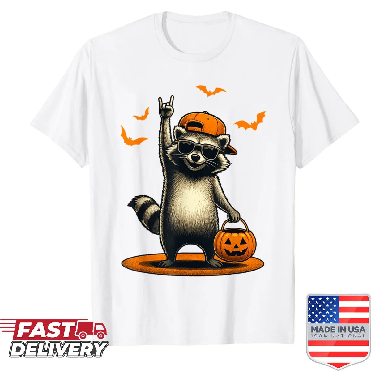 Funny Halloween T-shirt with a cartoon raccoon and music theme