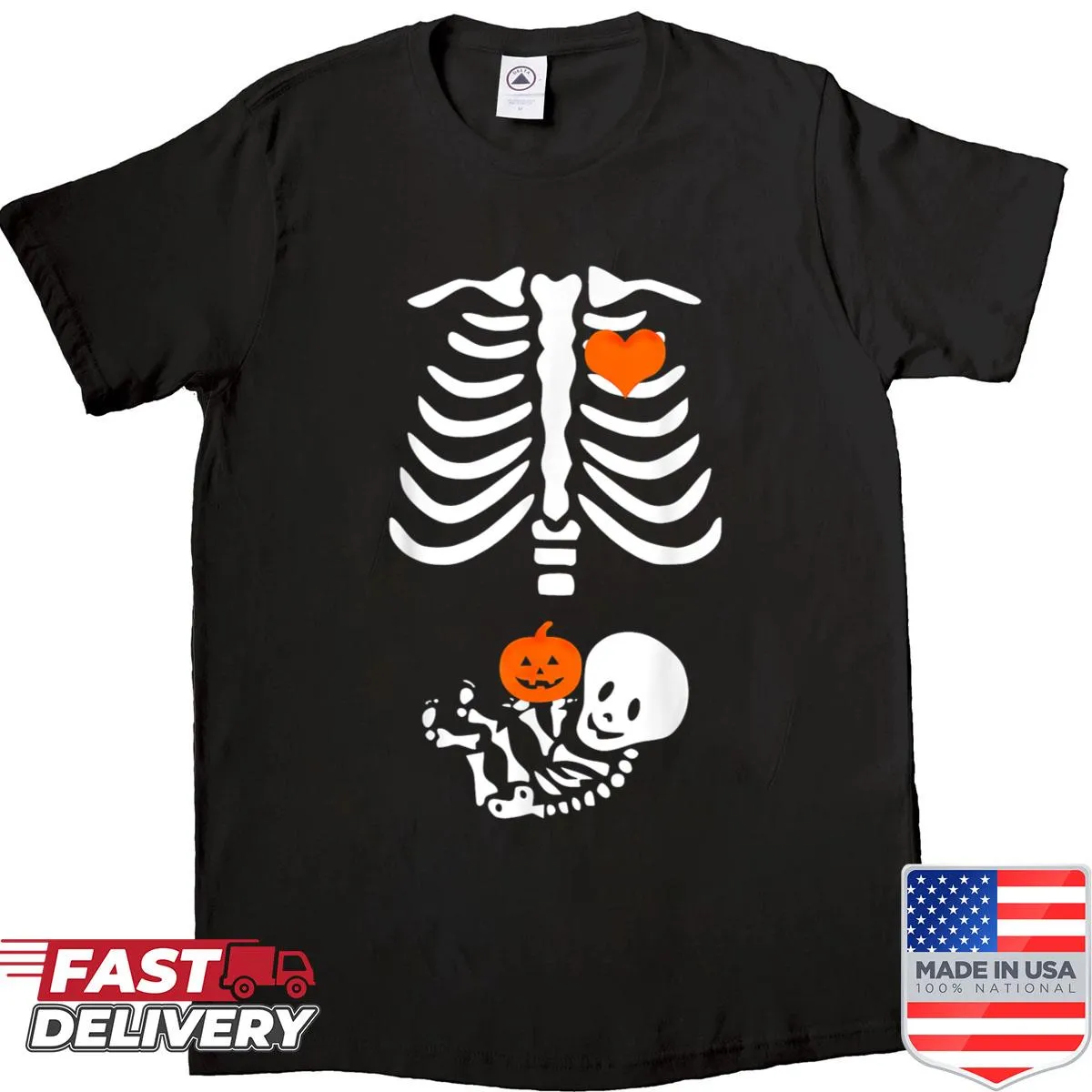 Maternity shirt with a rib cage pumpkin design for Halloween