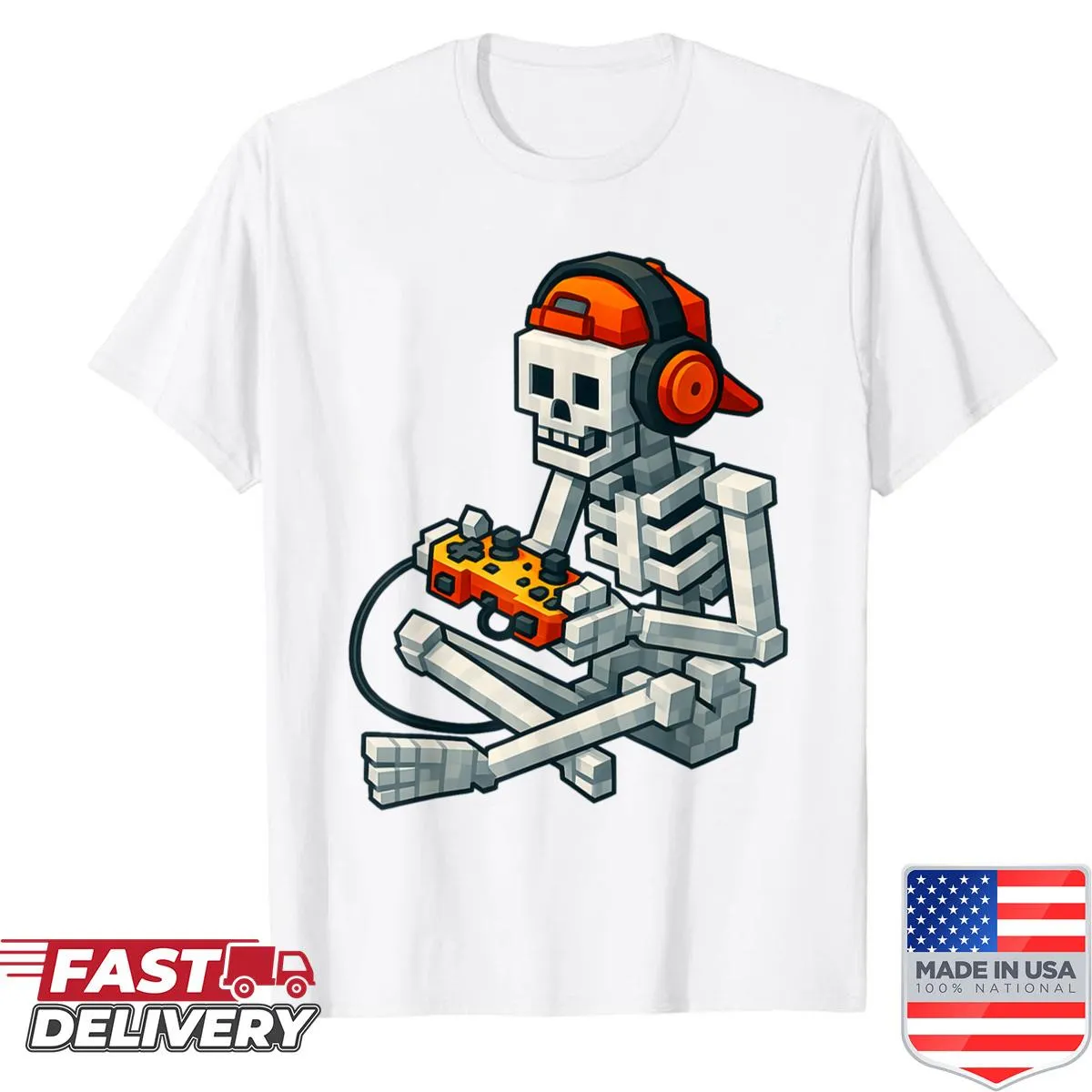 Halloween-themed shirt with pixel skeleton gamer graphic