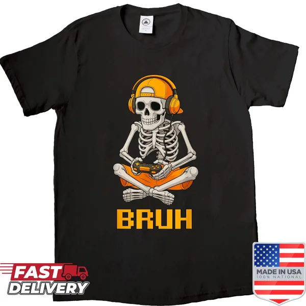 Cartoon skeleton gamer design with the word 'Bruh' for Halloween