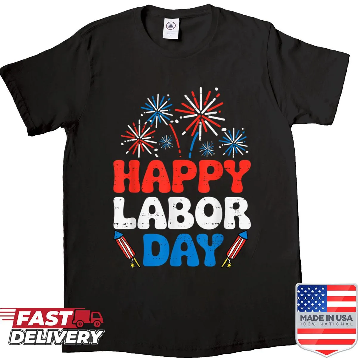 Patriotic shirt featuring USA flag and union themes for Labor Day