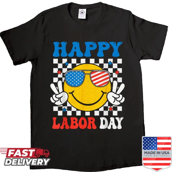 Smiley face shirt with American flag design for Labor Day