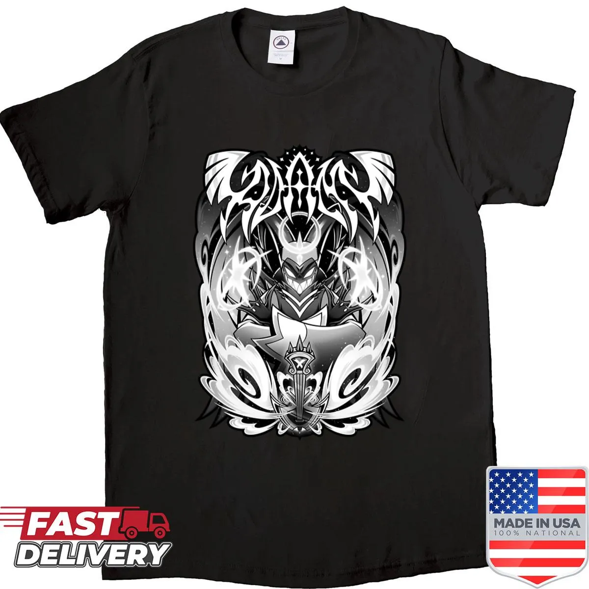 Bold metal design shirt featuring Adam from Hazbin Hotel