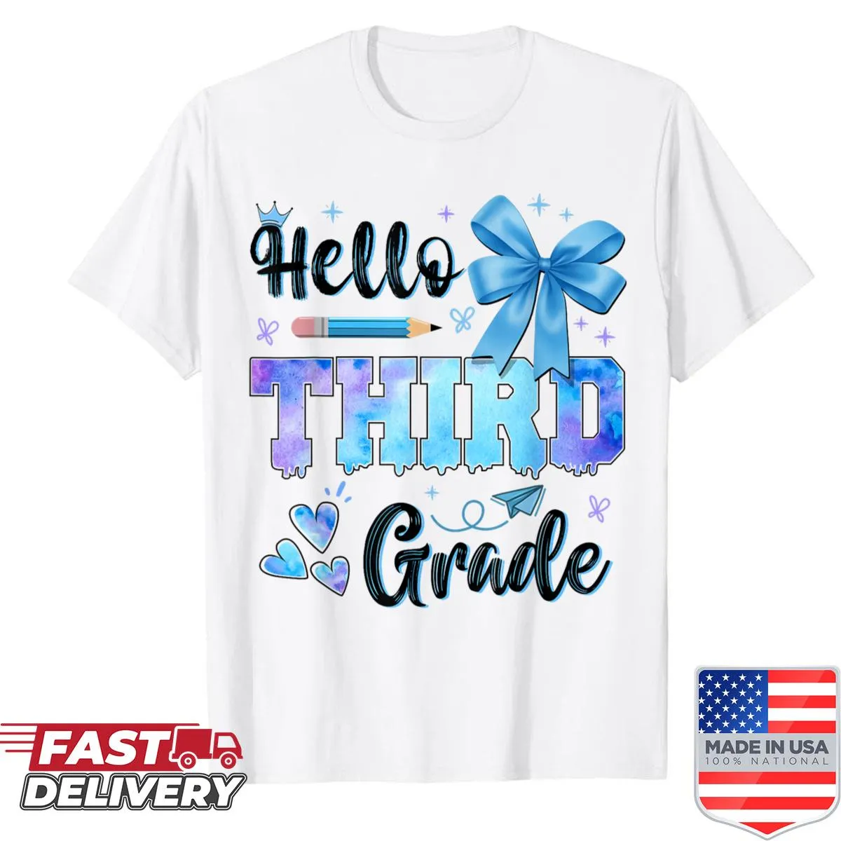 Cute teacher shirt saying 'Hello Third Grade' with playful graphics