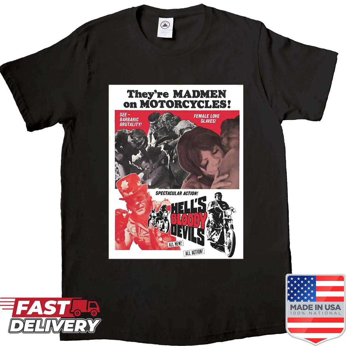 Bold devil-themed graphic design on a casual shirt