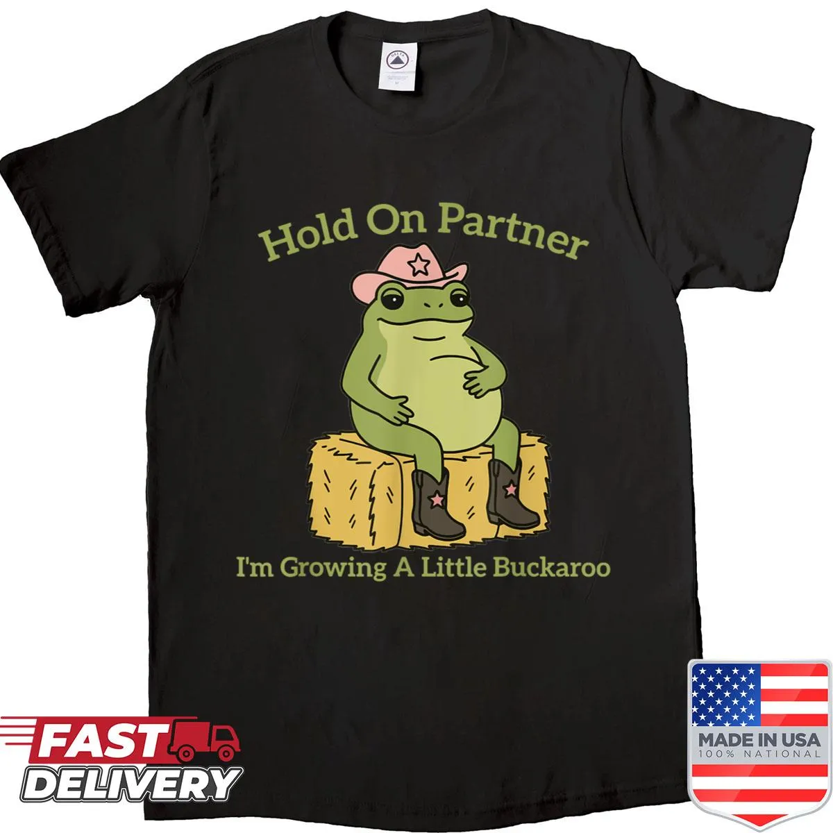 Funny pregnant shirt with 'Hold On Partner' text