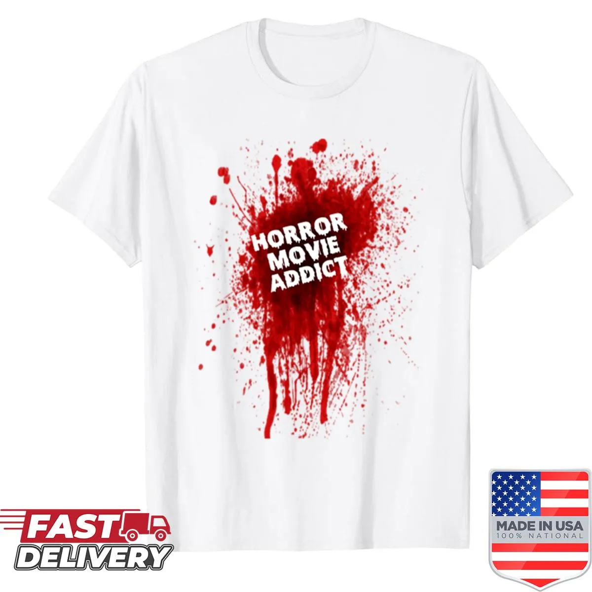Horror Movie Addict t-shirt with bold text