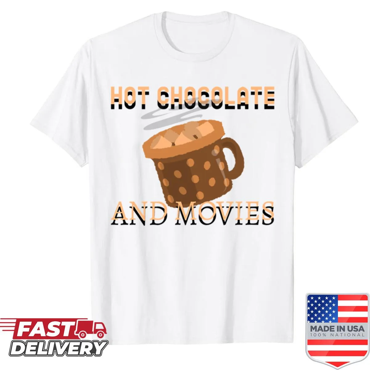 Shirt featuring hot chocolate and movie-themed illustration.