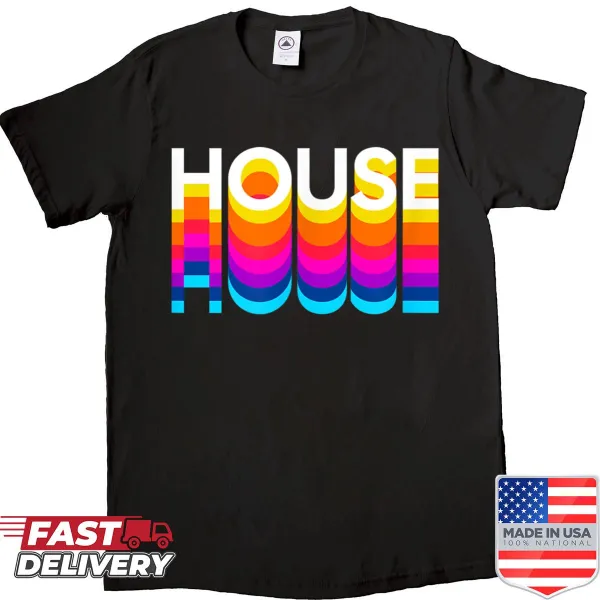 Retro house music shirt with colorful print and playful design