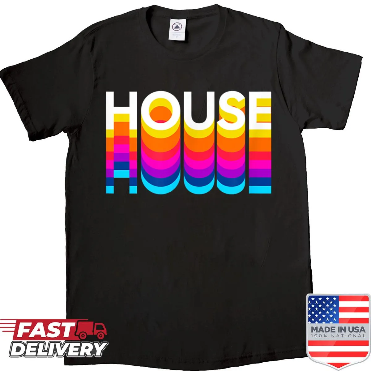Retro house music shirt with colorful print and playful design