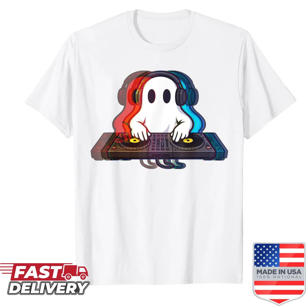 Ghost and DJ design with optical illusion for Halloween shirt.
