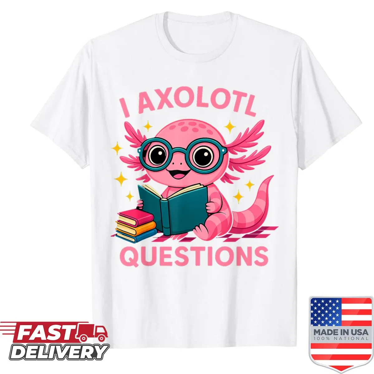 Cute axolotl graphic with pun 'I Axolotl Questions' on a vintage shirt.