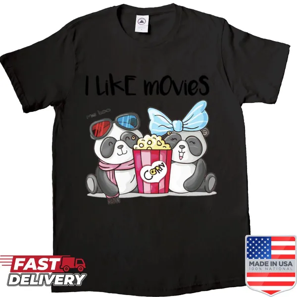 Cute panda couple eating popcorn with 'I Like Movies' text