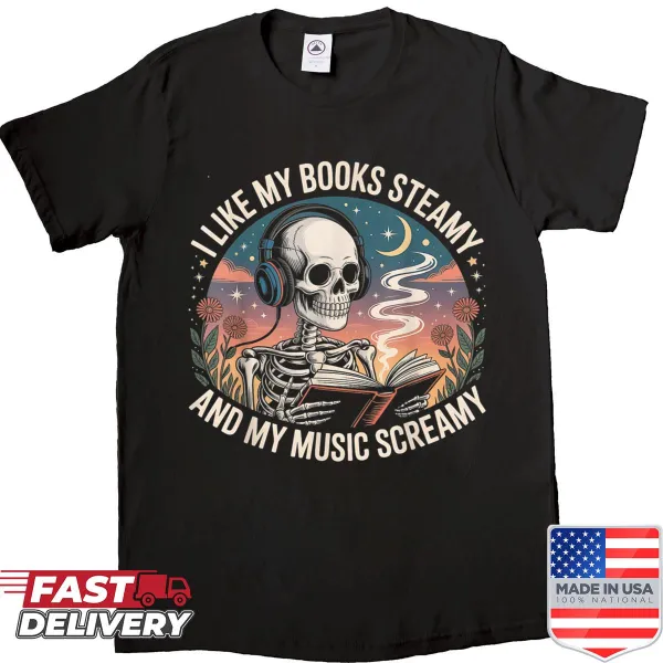 Funny shirt about books and music with skeleton design