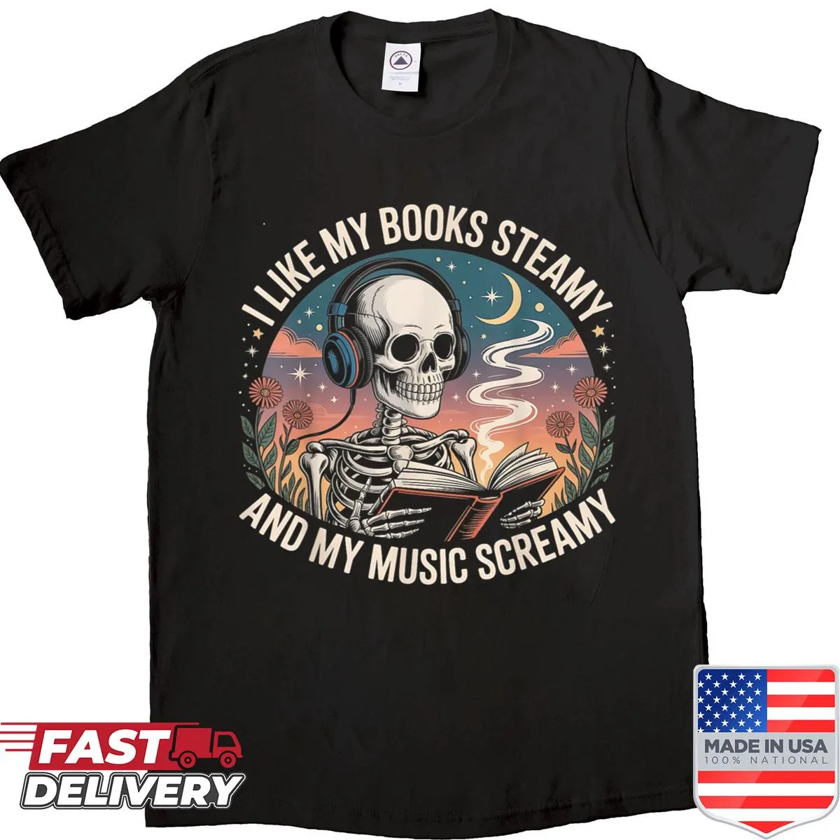 Funny shirt about books and music with skeleton design