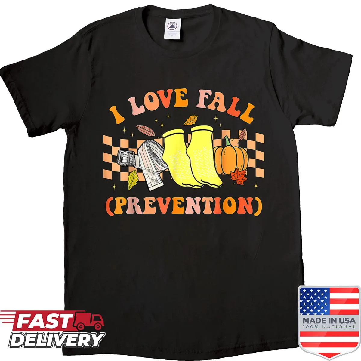 Nurse-themed shirt with fall prevention humor and autumn graphics