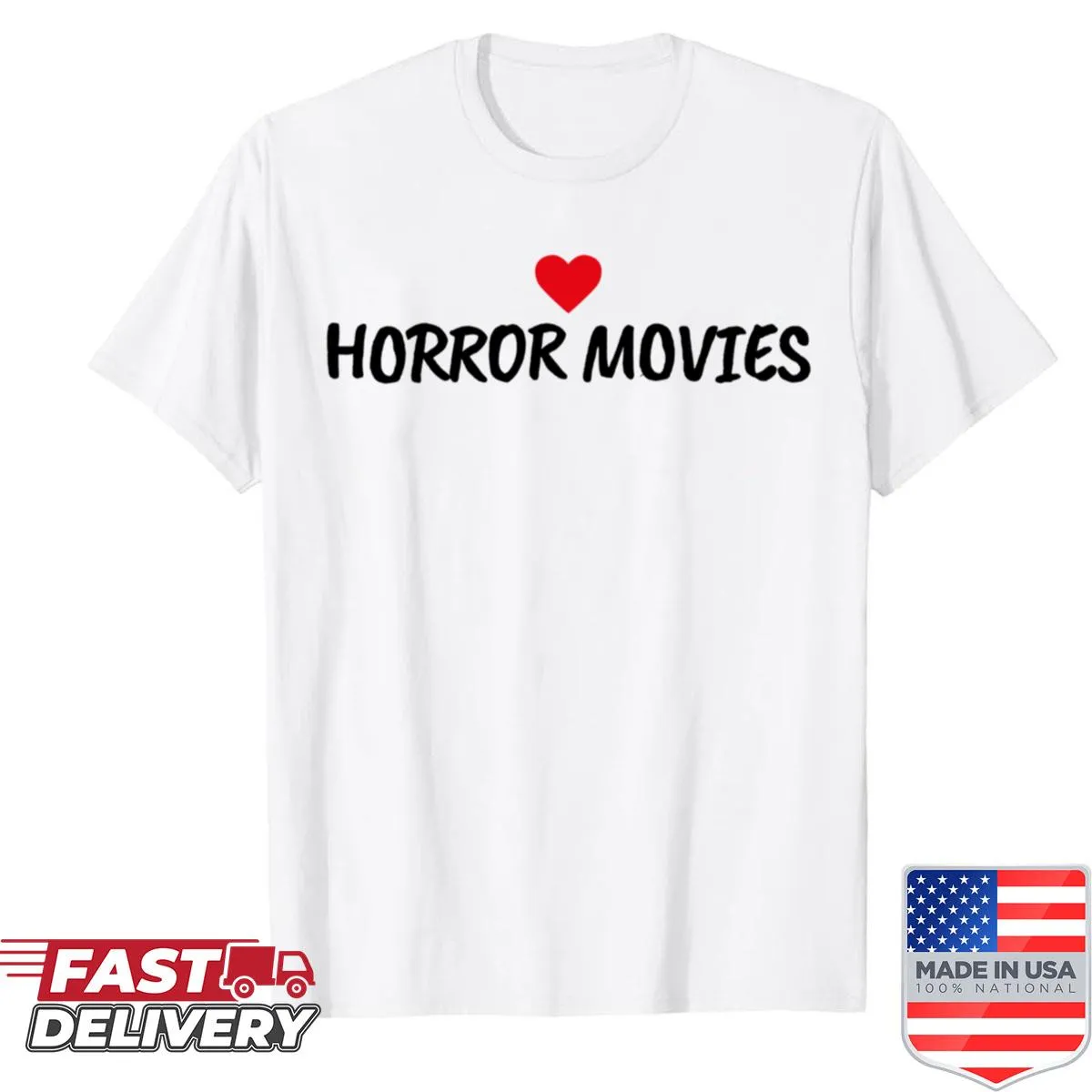 Heart graphic and horror motifs on shirt for horror movie fans