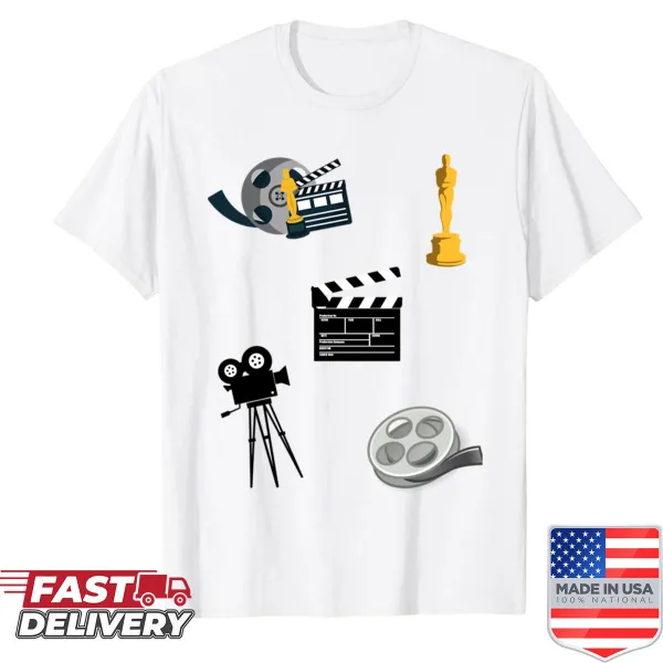 Shirt with text expressing love for movies.