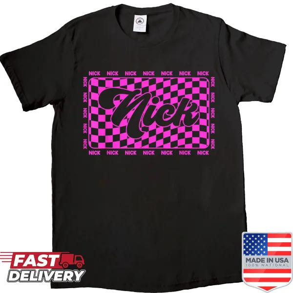Playful checkered design with 'I Love Nick' text